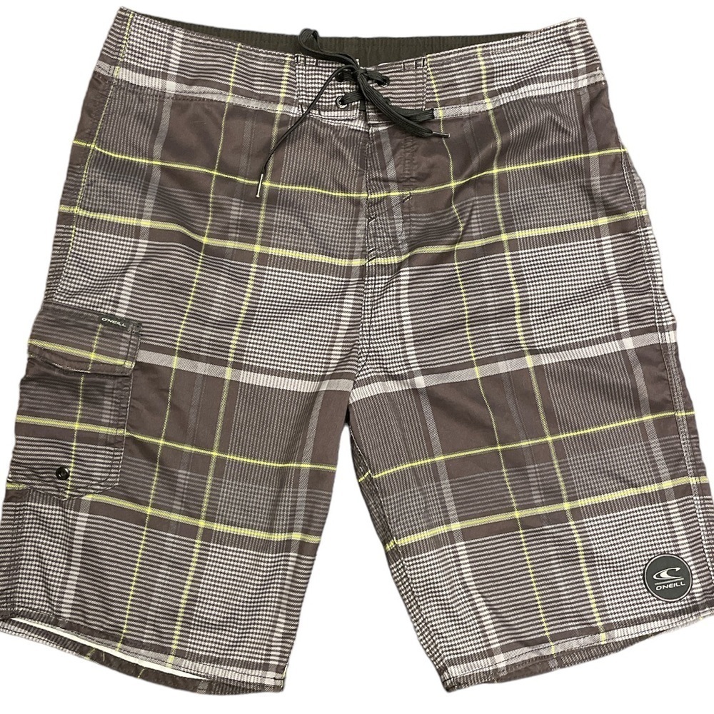 O’Neill, Plaid Grey & Green Swim Trunks, Size 32